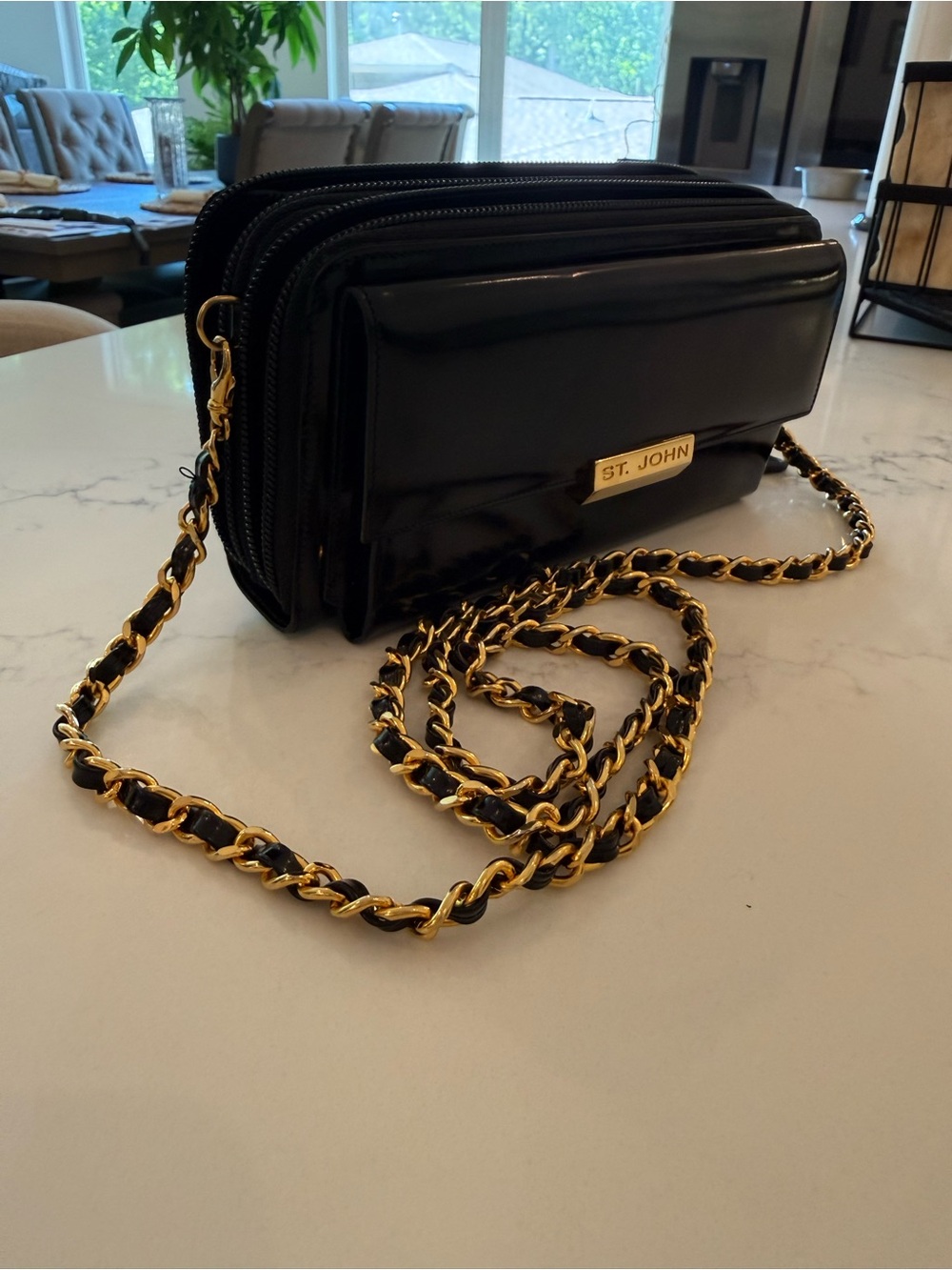 Vintage St. John Black Leather Crossbody with Gold Chain Strap - Picture 5 of 8